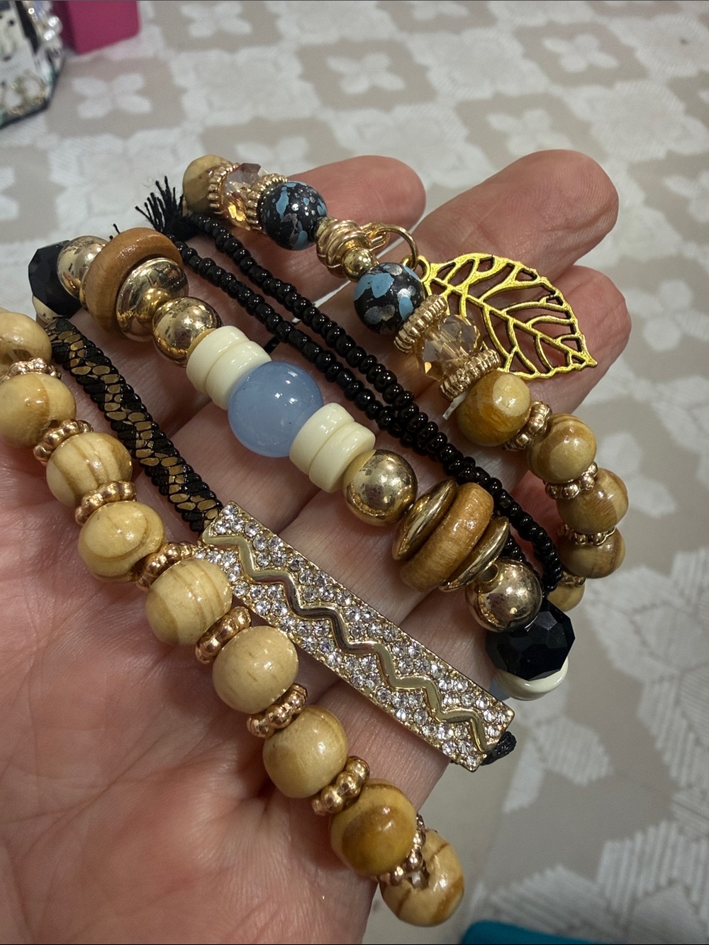 Gold blue wood Mixed Bead Stackable Bracelets Set - brand new